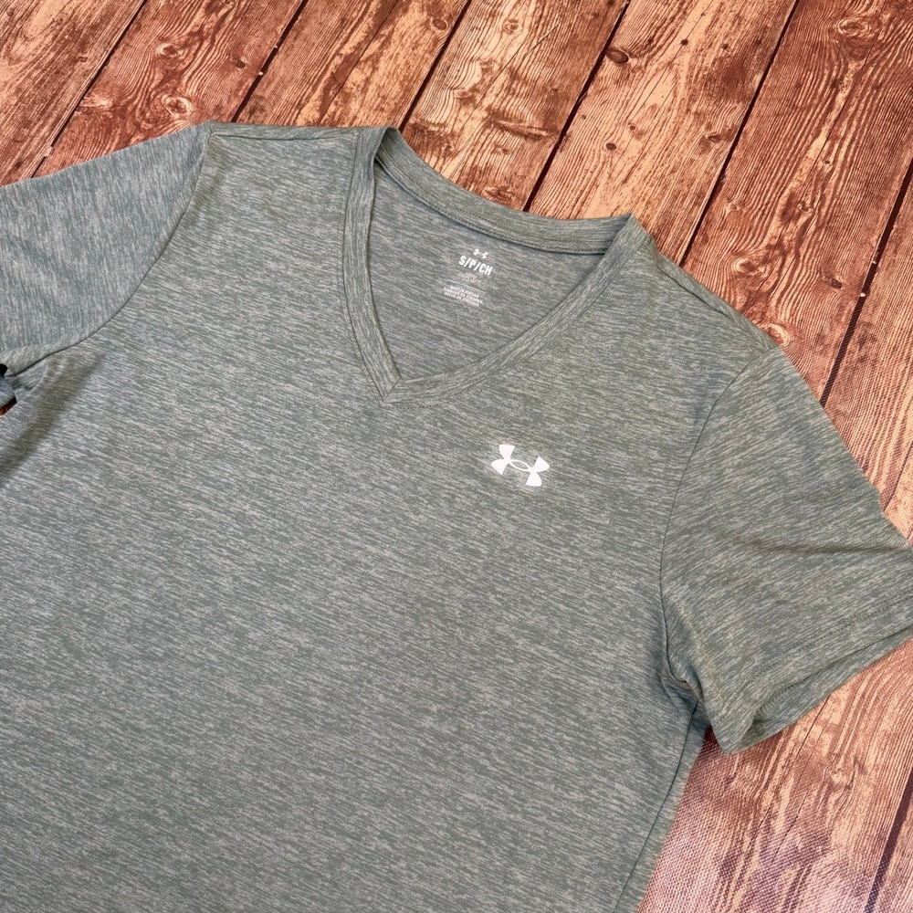 Under Armour Tech Twist T Shirt Womens Small Green V Neck Loose Fit